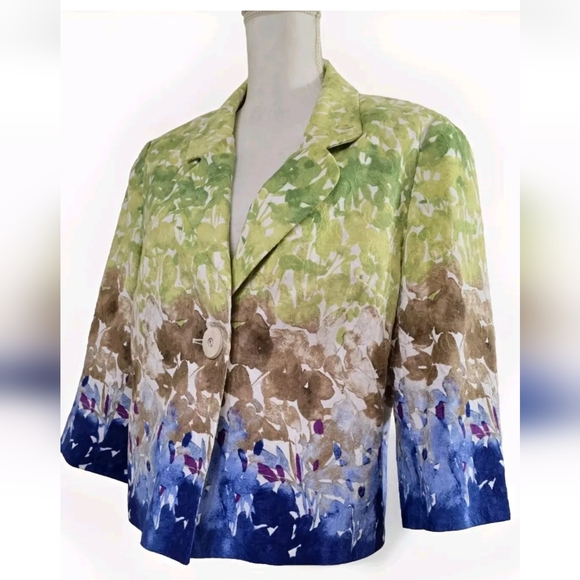 Coldwater Creek Floral Print Blazer 3/4 Sleeves Green Brown Blue Size 16 EUC - Picture 2 of 9
